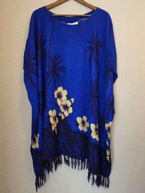 Vintage Beachwear Poncho Dress Womens OS Blue Yellow Orchid Tropical Night Scene